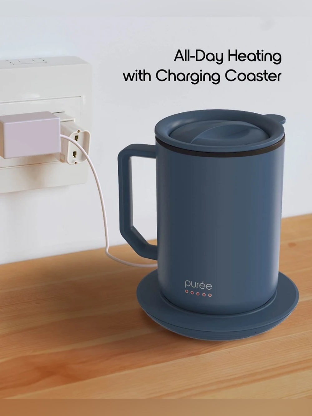 Tzumi Puree Warming Coffee Mug Stainless Steel Warmer Coaster and Lid Blue